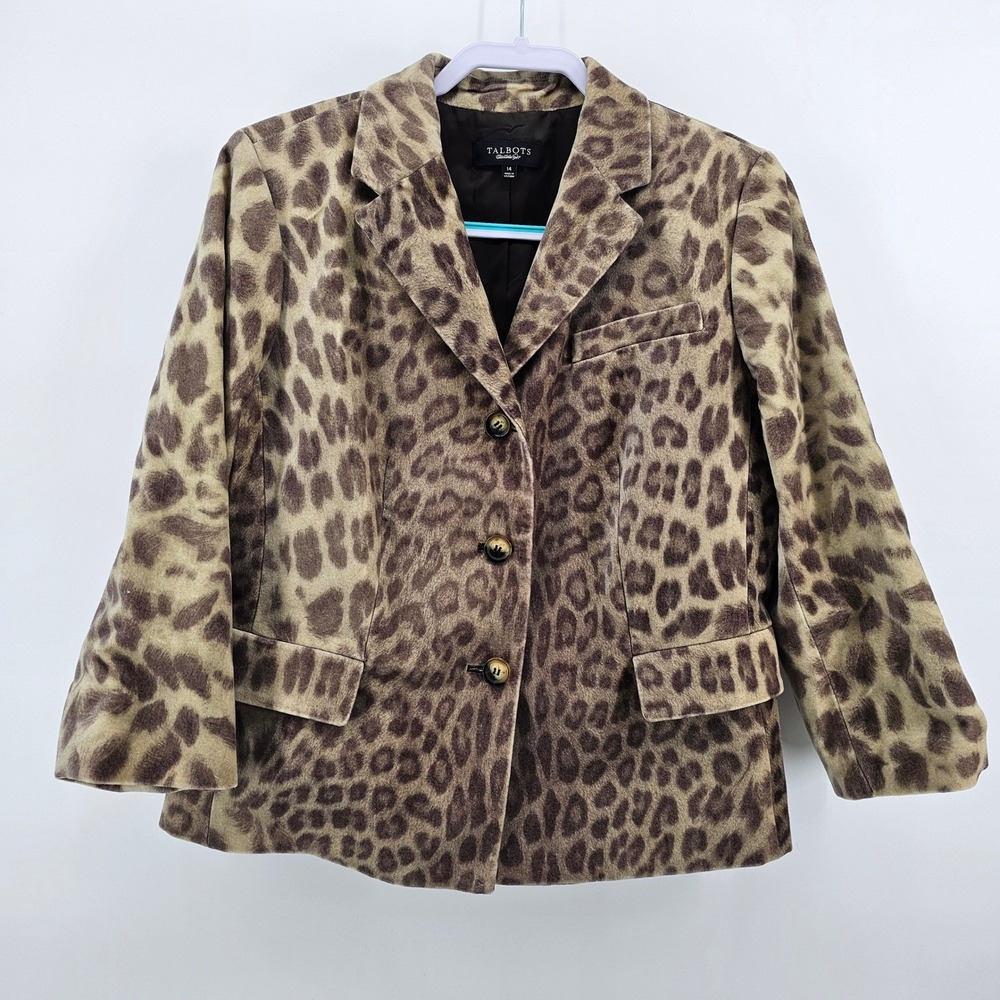 Talbots Blazer Women 14 Brown Leopard Print Cotton 3-Button Notched Lapel Jacket